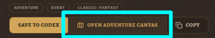 The Open Adventure Canvas button, next to Save to Codex and Copy, on a generated adventure result