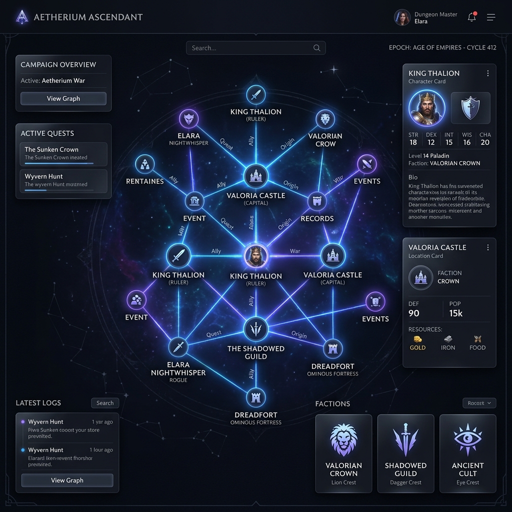 Codex Cryptica RPG campaign manager dashboard showing linked characters, locations, and factions inside a knowledge graph network.